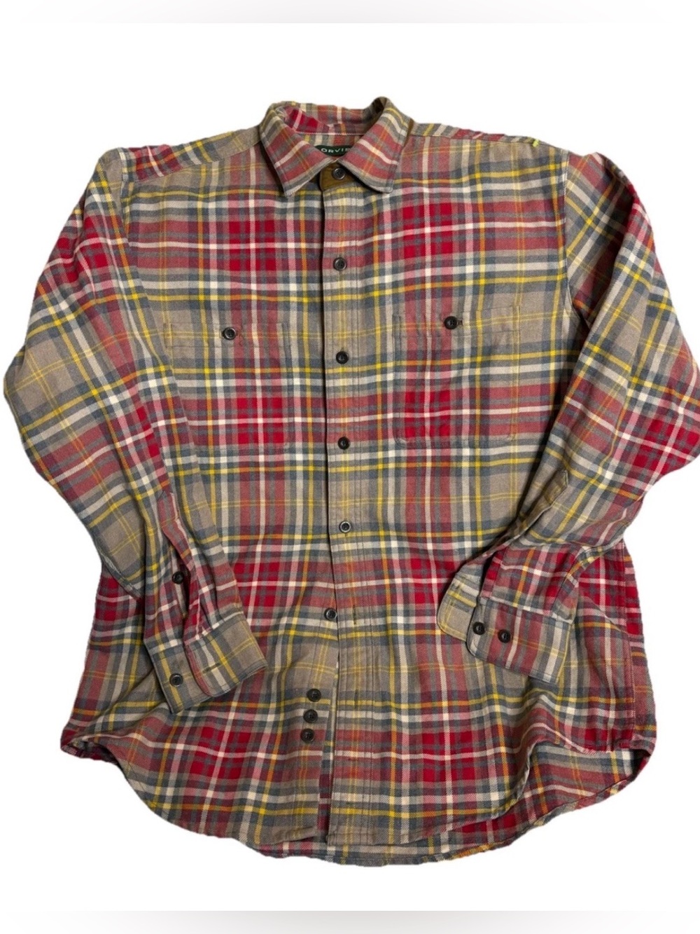 Orvis Flannel Shirt Mens L Red Brown Button Up Plaid Pocket Long Sleeve Adult